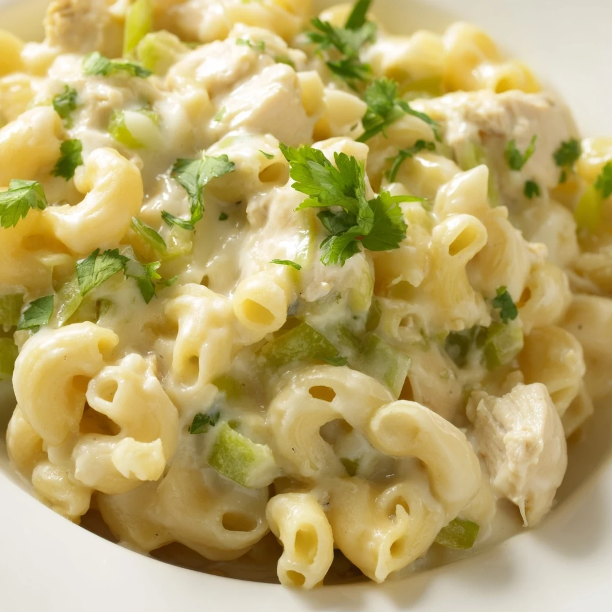 A close-up of creamy Green Chili Chicken Mac in a cast-iron skillet, with tender chicken, diced chiles, and melted cheese glistening under warm, inviting light.