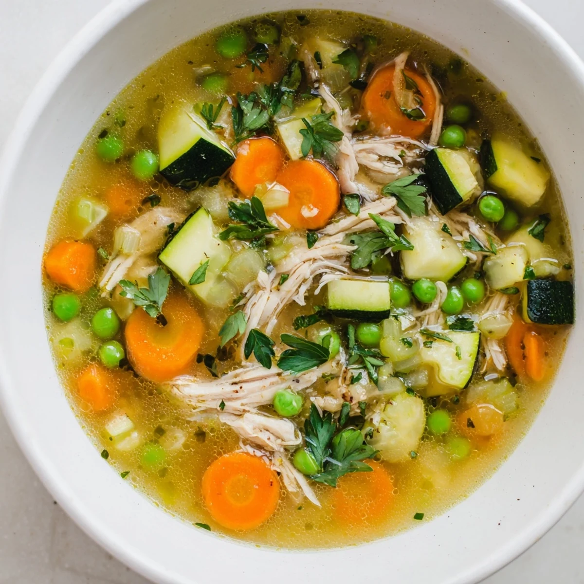 A steaming bowl of Spring Garden Chicken Soup with tender shredded chicken and vibrant peas and carrots.