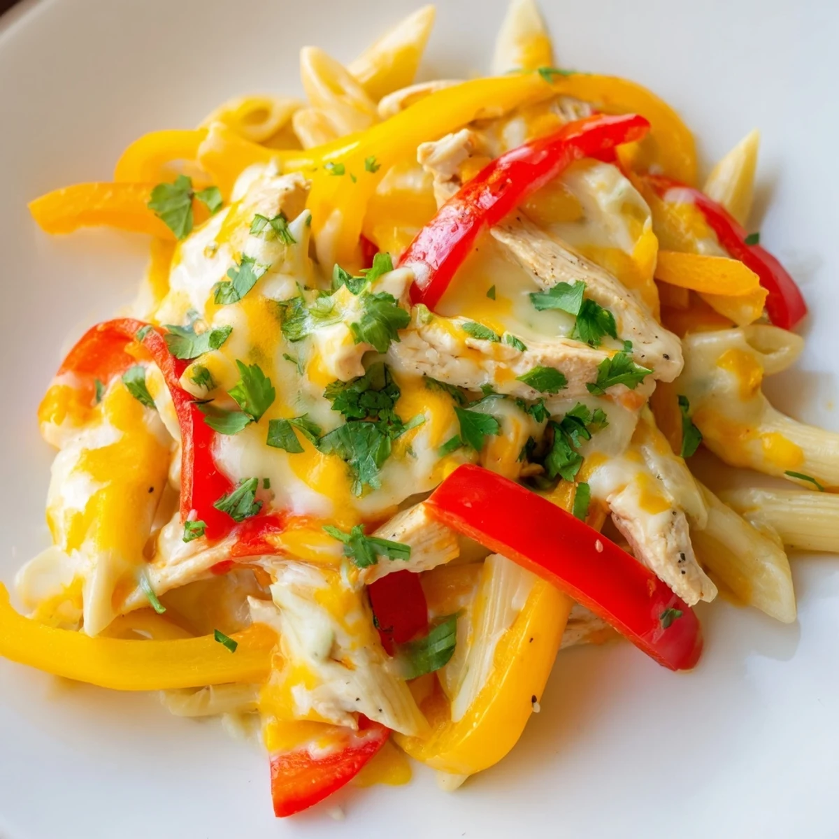 Fajita Chicken Pasta Skillet features fajita-spiced chicken, colorful bell peppers, and onions tossed with pasta in a creamy, cheesy sauce, garnished with fresh cilantro and lime wedges.