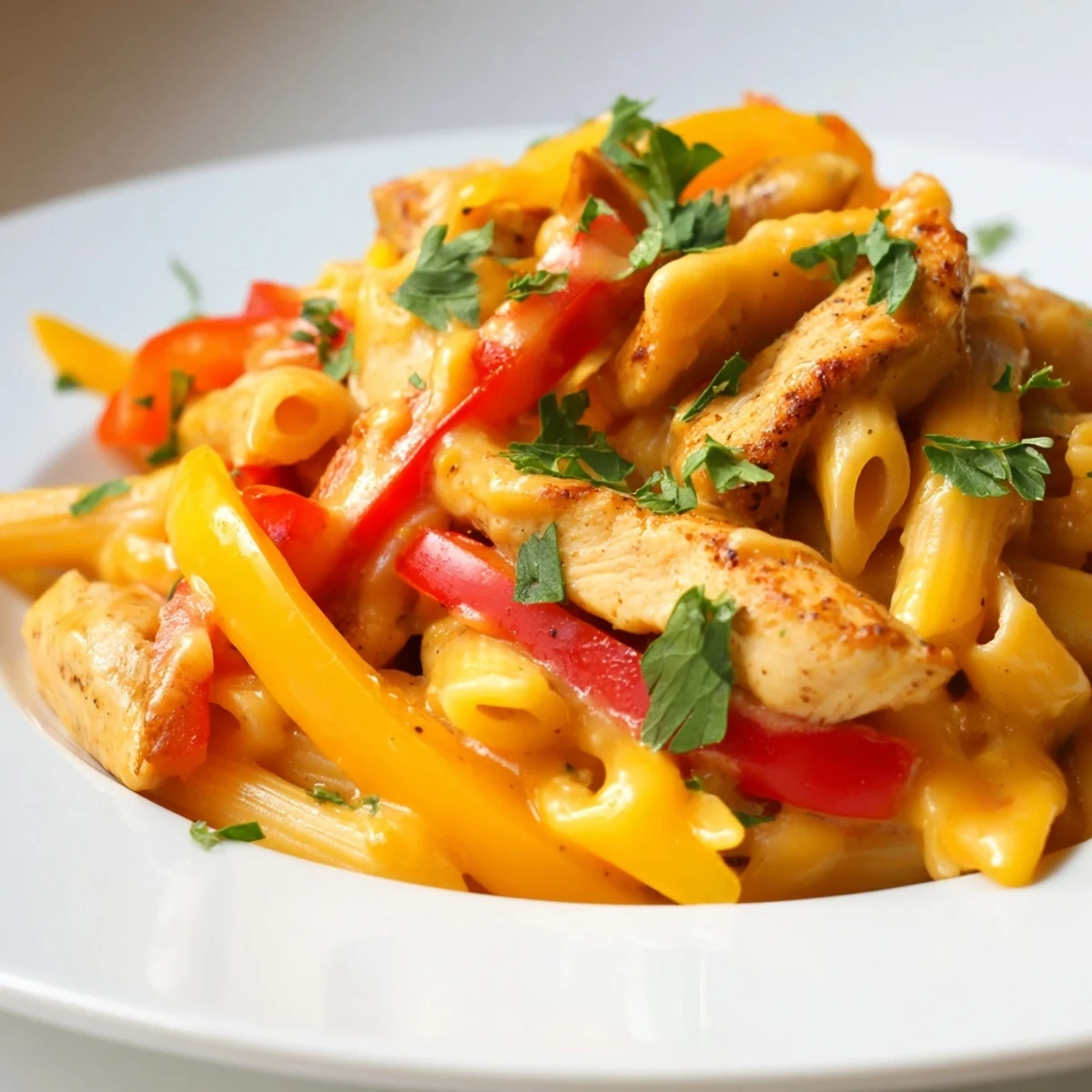 In this vibrant skillet, tender fajita-spiced chicken combines with sautéed red, yellow, and green bell peppers and onions, all coated in a rich, melty cheese sauce over penne pasta.