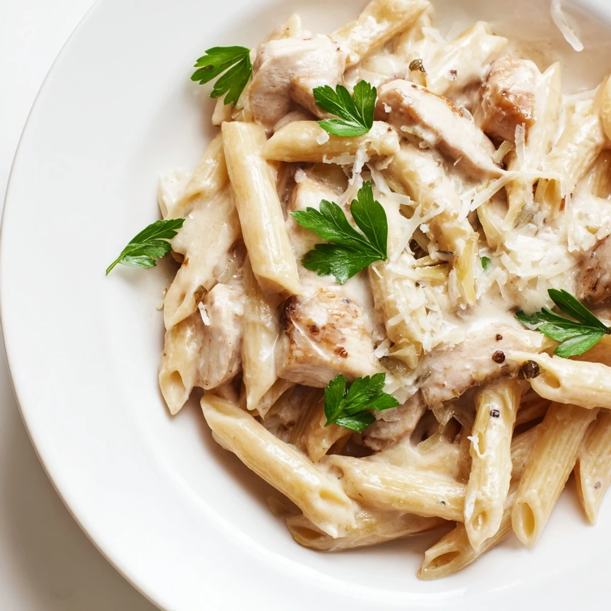 A close-up of tender penne tossed with sliced roasted chicken in a velvety garlic cream sauce.