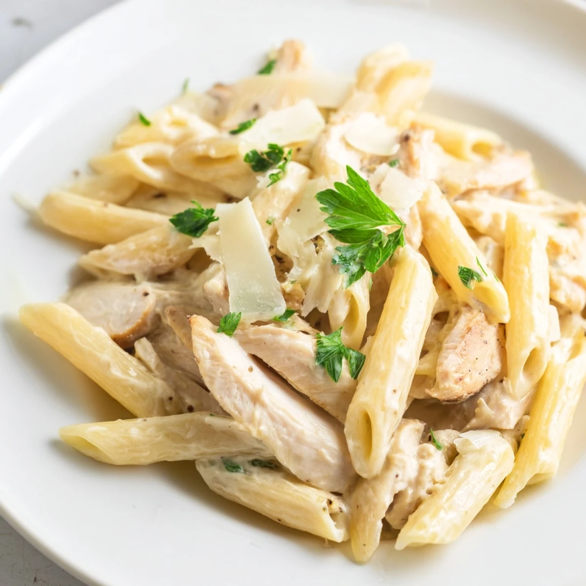 Fresh roasted garlic chicken penne pasta in a creamy sauce topped with chopped parsley and Parmesan.