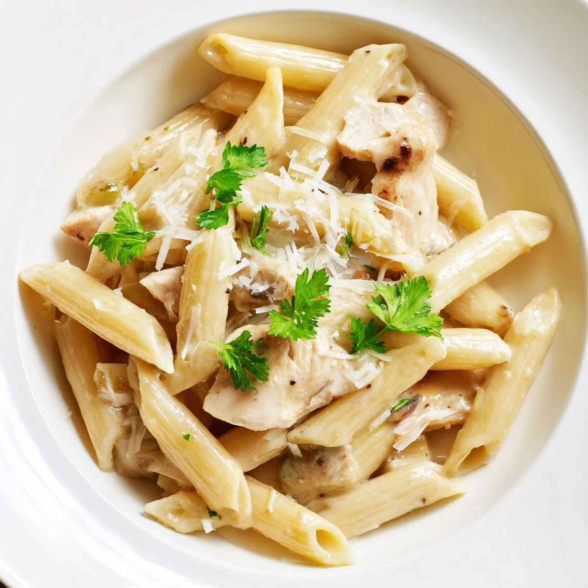 Golden roasted garlic cream sauce coating chicken penne pasta served with a glass of Pinot Grigio.