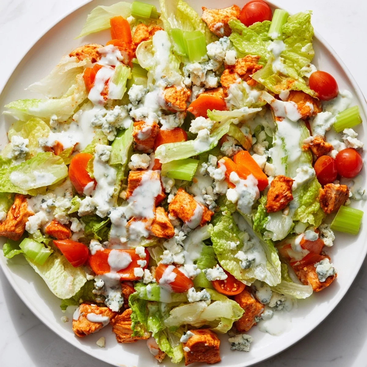 A hearty Buffalo Chicken Chopped Salad with juicy hot sauce chicken and colorful veggies ready to eat.