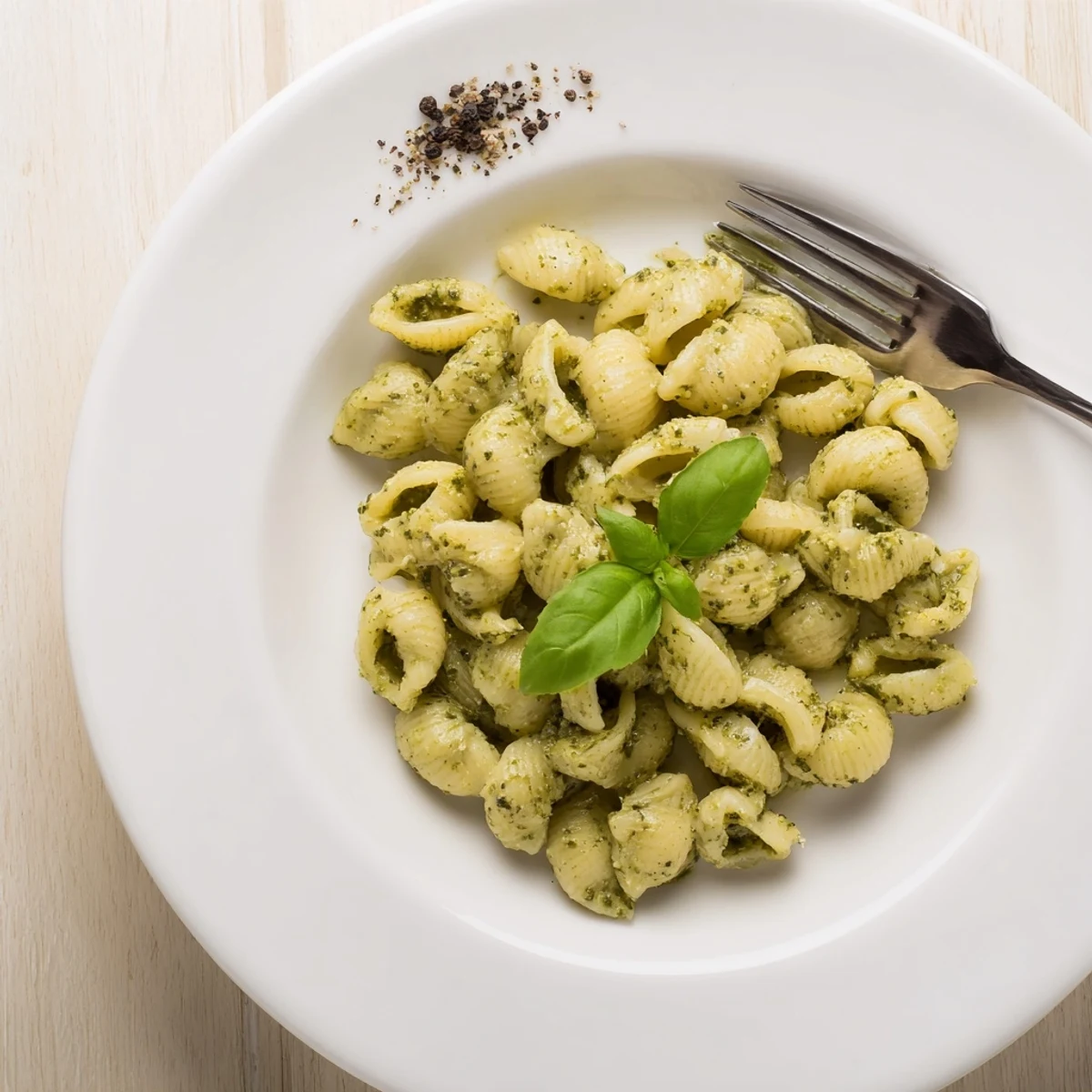 A bowl of creamy avocado pesto mac tossed with fresh basil and topped with grated Parmesan.  