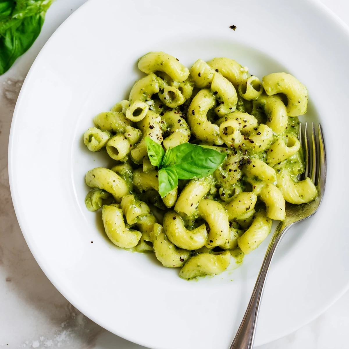Freshly blended avocado pesto sauce coats tender macaroni in a vibrant green, creamy dish.  
