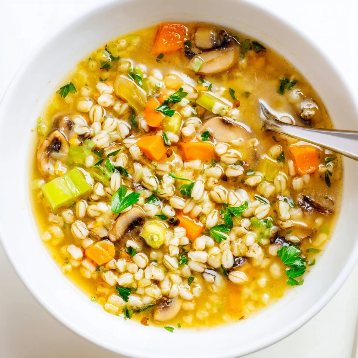 Close-up of rich Mushroom and Barley Soup, with sliced cremini mushrooms, diced carrots, and a bright squeeze of lemon.