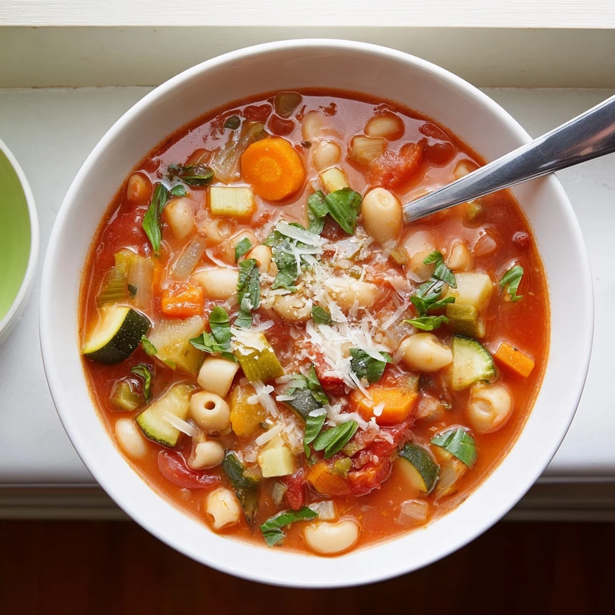 A bowl of steaming Minestrone Vegetable Soup with chunky carrots, celery, and cannellini beans in a rich tomato broth.  