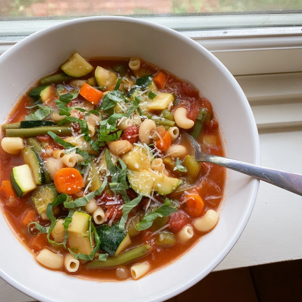 Minestrone Vegetable Soup served hot, garnished with fresh parsley and grated Parmesan beside crusty Italian bread.  