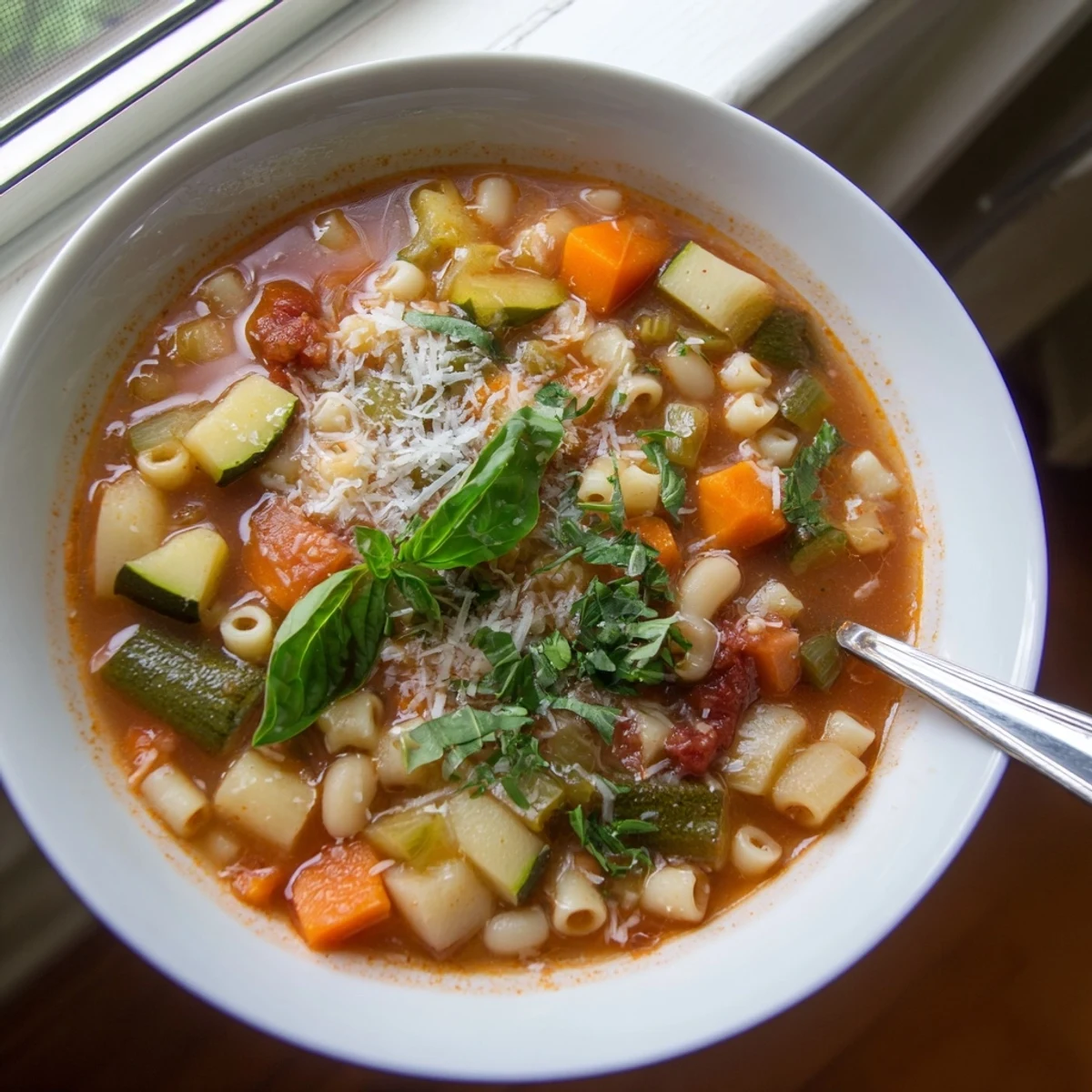 Hearty Italian Minestrone Vegetable Soup in a rustic pot, featuring pasta, zucchini, and green beans for a comforting meal.
