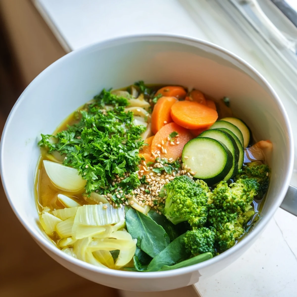 Vibrant vegetables like zucchini and celery floating in the nourishing, collagen-rich broth of this healthy, paleo-friendly bowl.