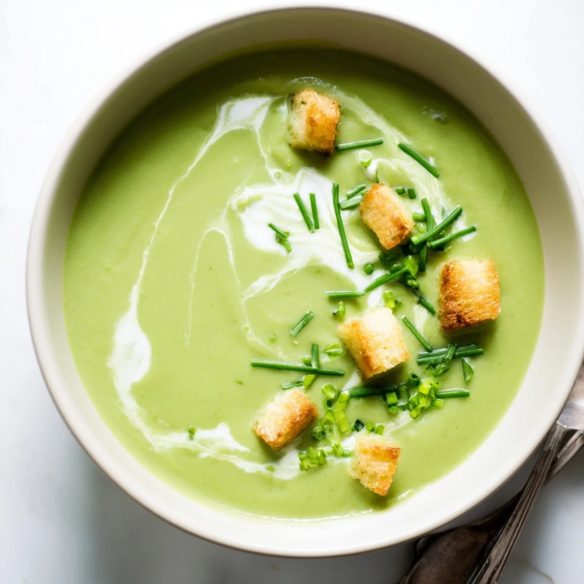Healthy Creamy Broccoli Soup blended smooth with carrots and potatoes, ready to be enjoyed with crusty bread.