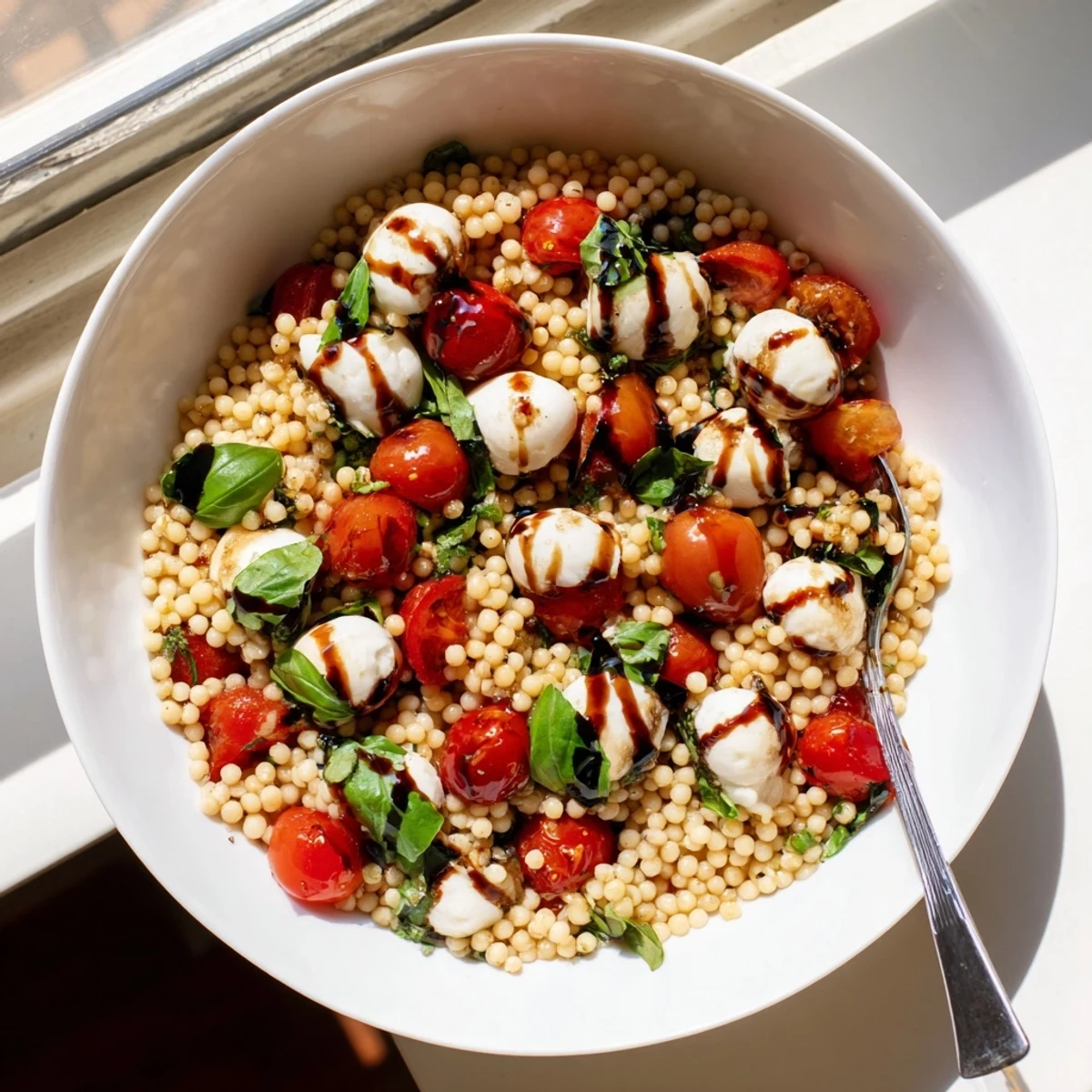Hearty pearled couscous mingles with juicy tomatoes, fresh basil, and mozzarella in a simple Caprese Couscous Salad, ideal for a quick summer lunch or potluck.