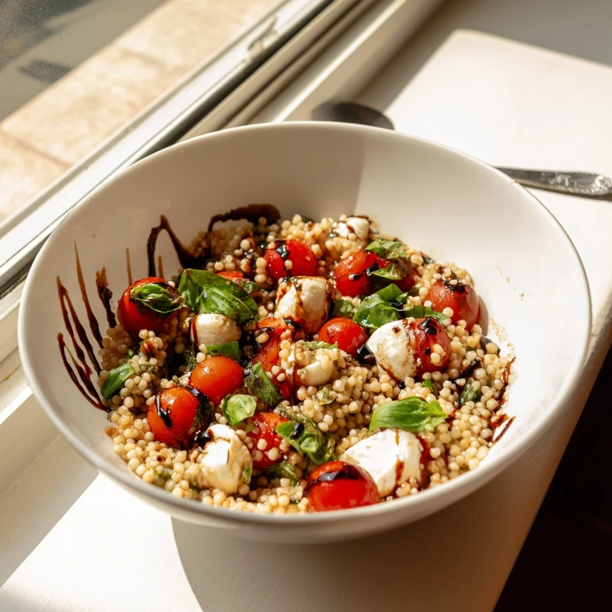 A vibrant bowl of Caprese Couscous Salad features glistening couscous pearls, halved cherry tomatoes, and torn basil leaves, all tossed in a tangy balsamic glaze.