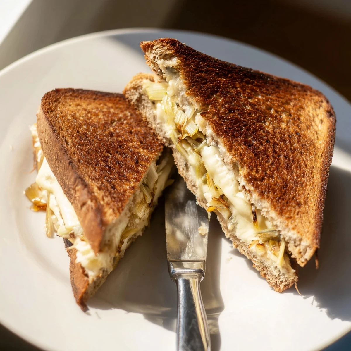 Golden Havarti & Caramelized Leek Grilled Cheese, sliced in half on a wooden board, revealing melted cheese and sweet leeks.  