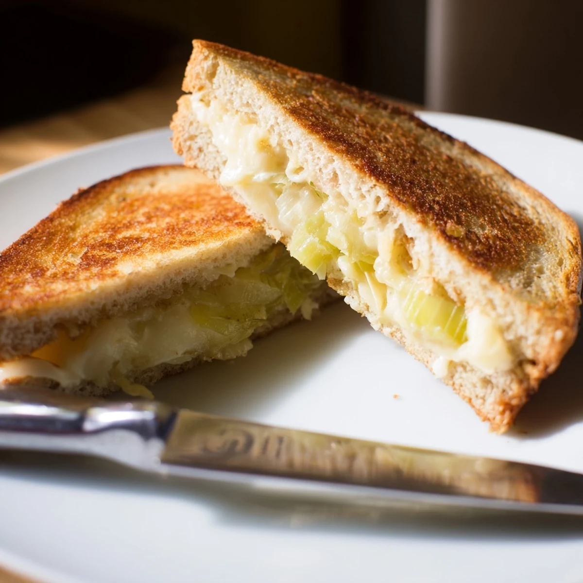 A savory Havarti & Caramelized Leek Grilled Cheese served with a fresh green salad and a cup of tomato soup.