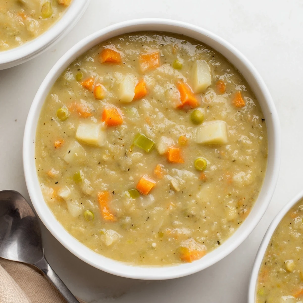 Steaming bowl of homemade split pea soup with ham, garnished with fresh parsley.  