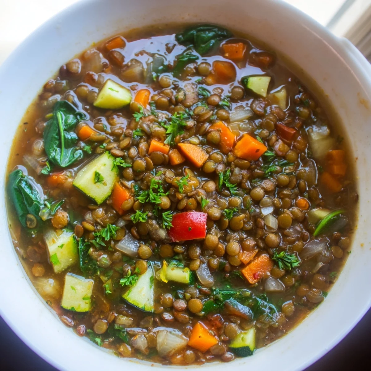 A rustic pot of Lentil and Vegetable Soup on a wooden table, garnished with fresh parsley and served with a lemon wedge on the side for brightness.  