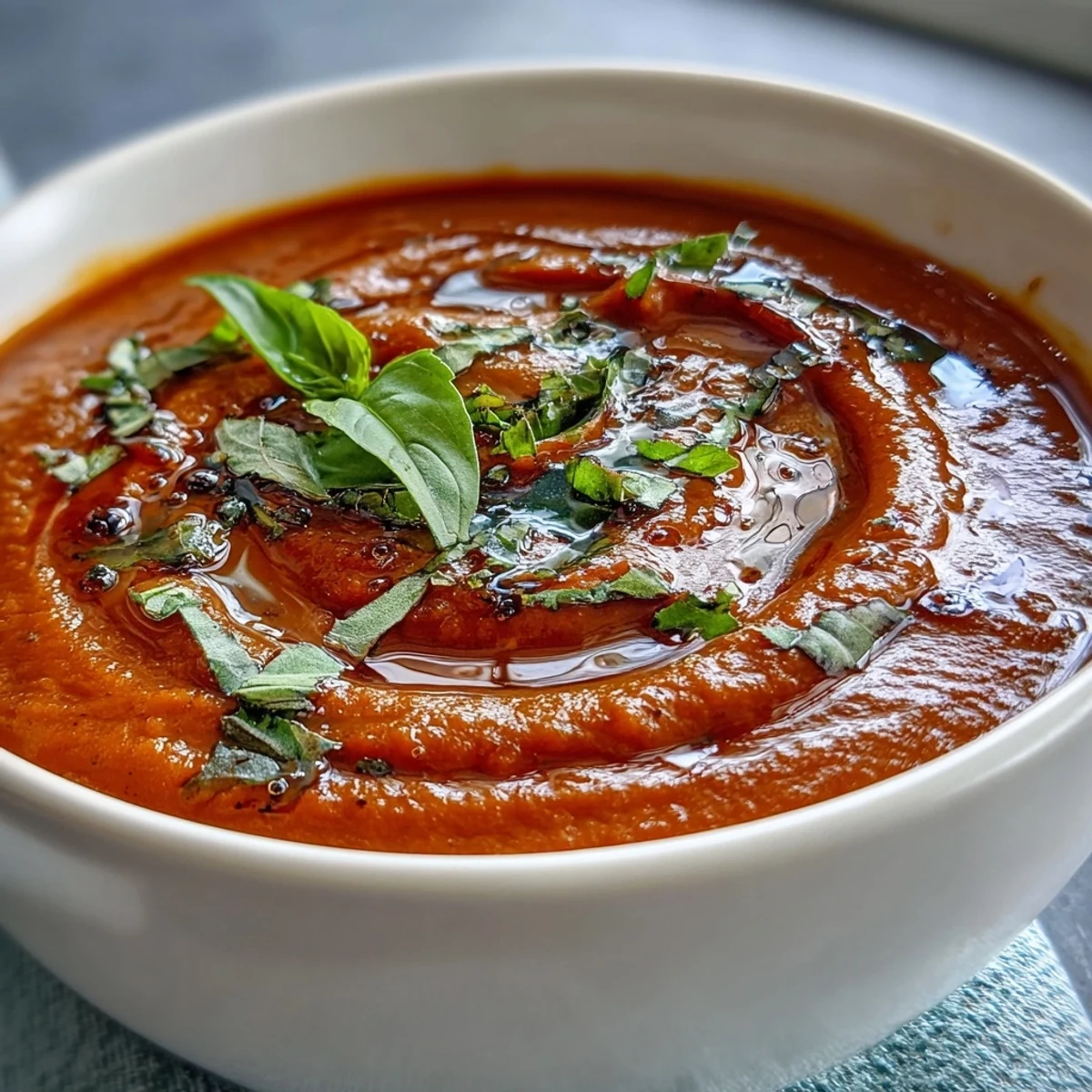 A vibrant bowl of homemade tomato and basil soup, perfect for dipping crusty bread or enjoying with a grilled cheese sandwich.