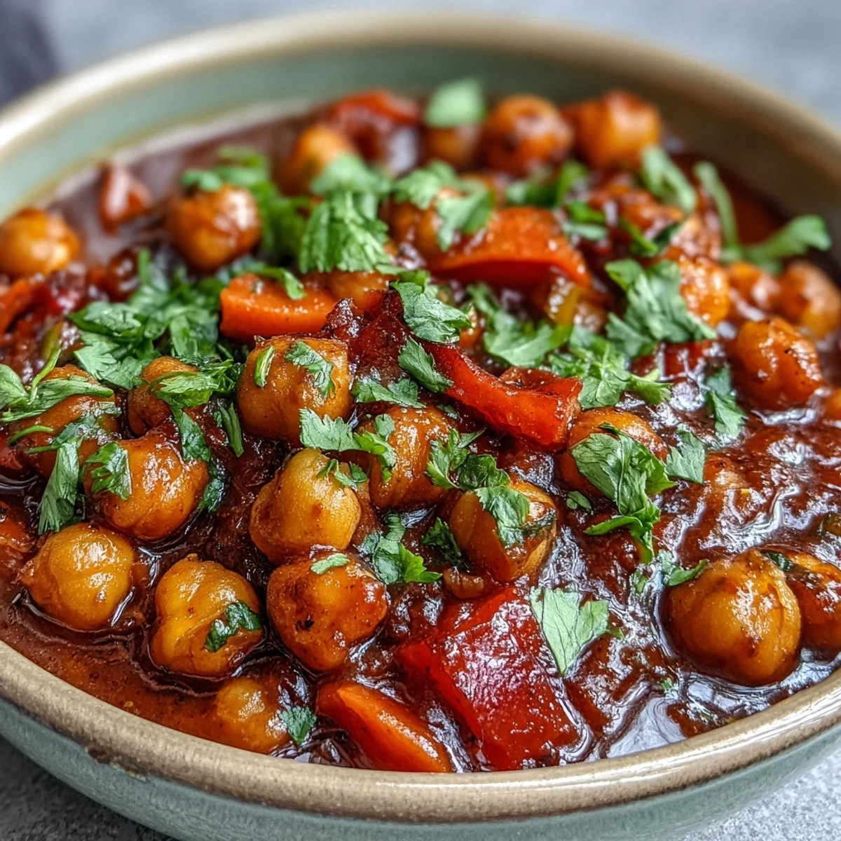 A warm bowl of Spicy Chickpea Stew garnished with fresh cilantro, ready to serve with crusty bread.