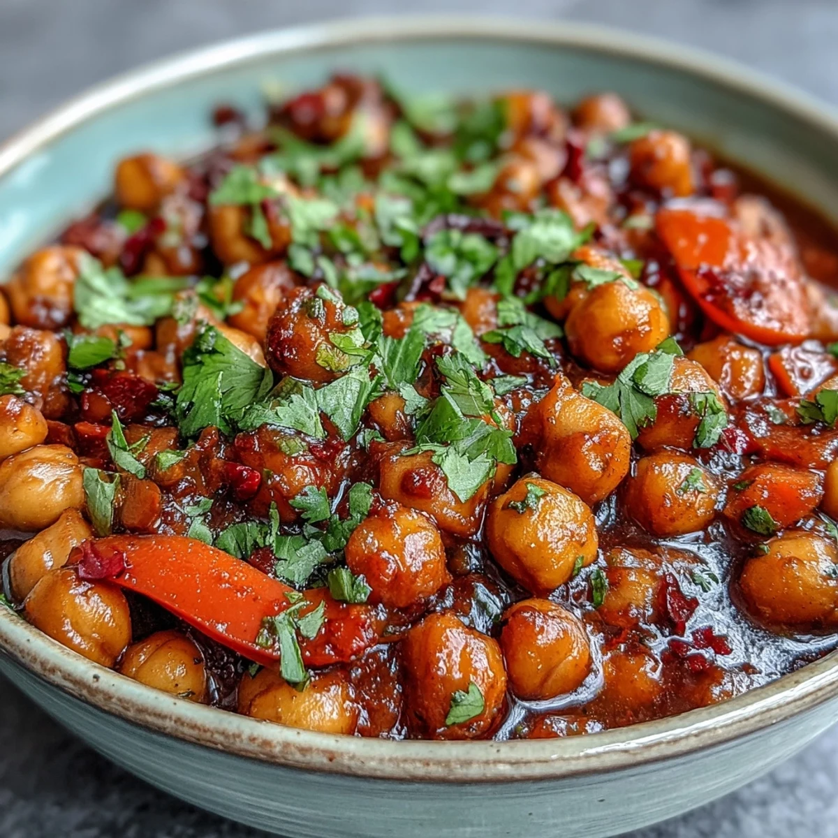 A savory Spicy Chickpea Stew simmering in a pot, featuring chickpeas, diced carrots, and red bell peppers.