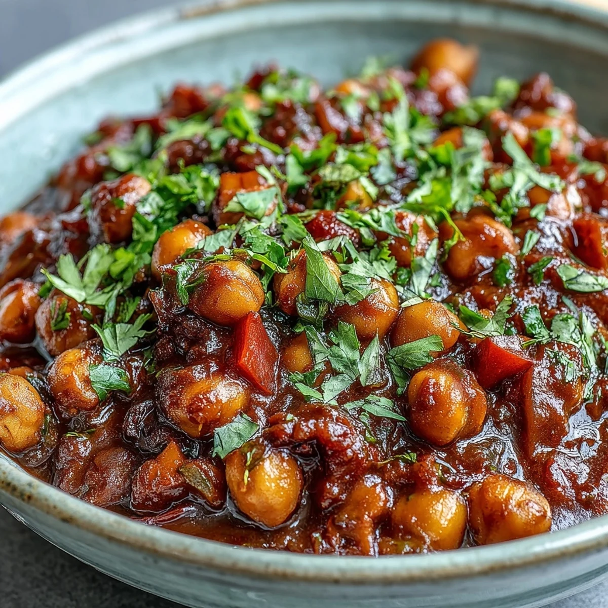 Homemade Spicy Chickpea Stew in a rustic bowl, accompanied by a lemon wedge and a spoon for serving.