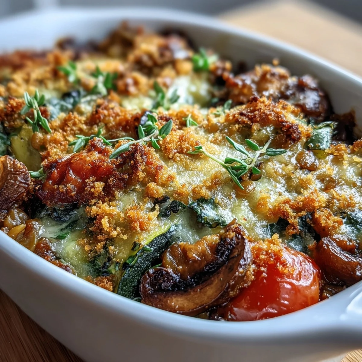Golden-brown Green Lentil and Vegetable Casserole fresh from the oven, bubbling with roasted carrots and zucchini.