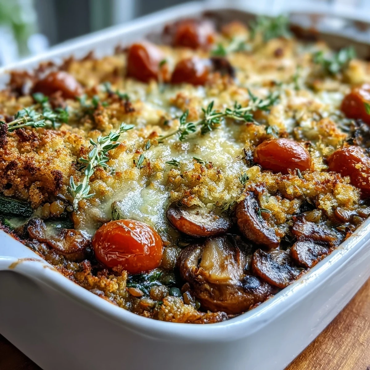 A serving of Green Lentil and Vegetable Casserole on a plate with a fresh salad for a healthy dinner.