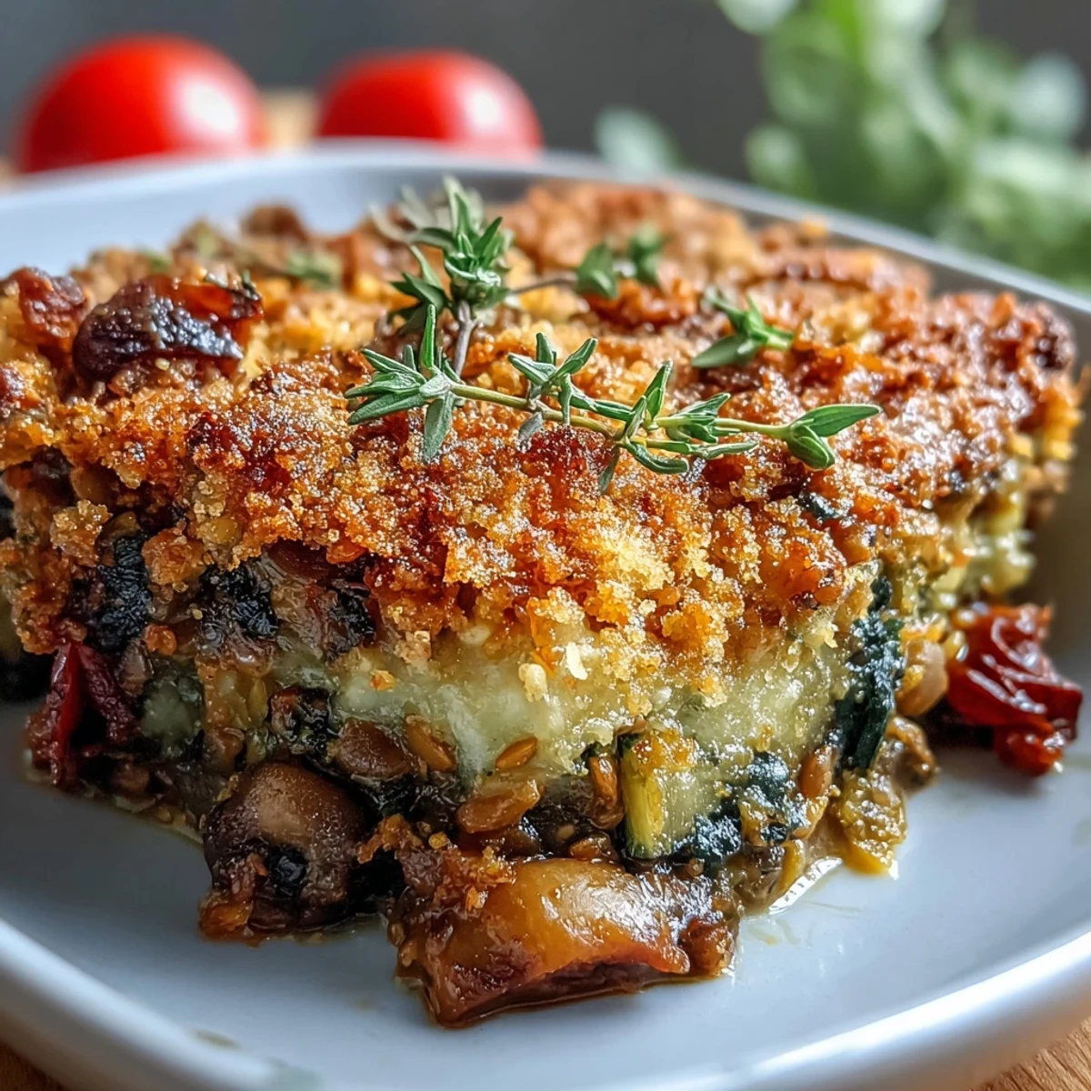 Close-up of Green Lentil and Vegetable Casserole showing the savory lentils, tomatoes, and herbs in a baking dish.