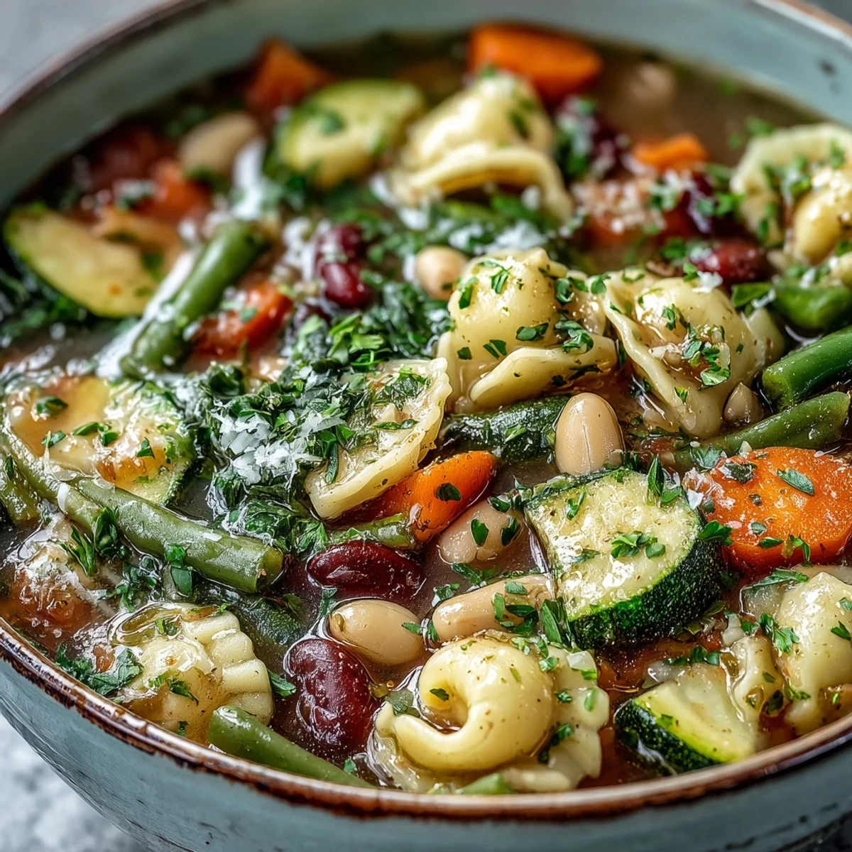 Hearty Minestrone Vegetable Soup with pasta and beans, served steaming in a rustic bowl with fresh parsley.