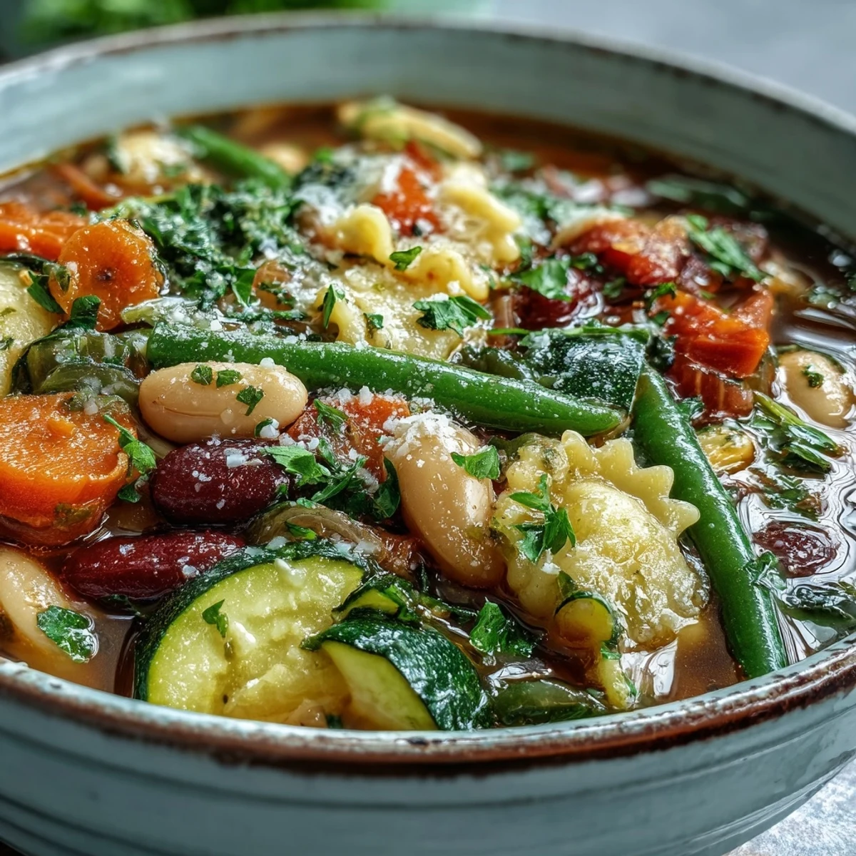 A comforting bowl of Minestrone Vegetable Soup ladled from a large pot, featuring colorful vegetables and Parmesan garnish.