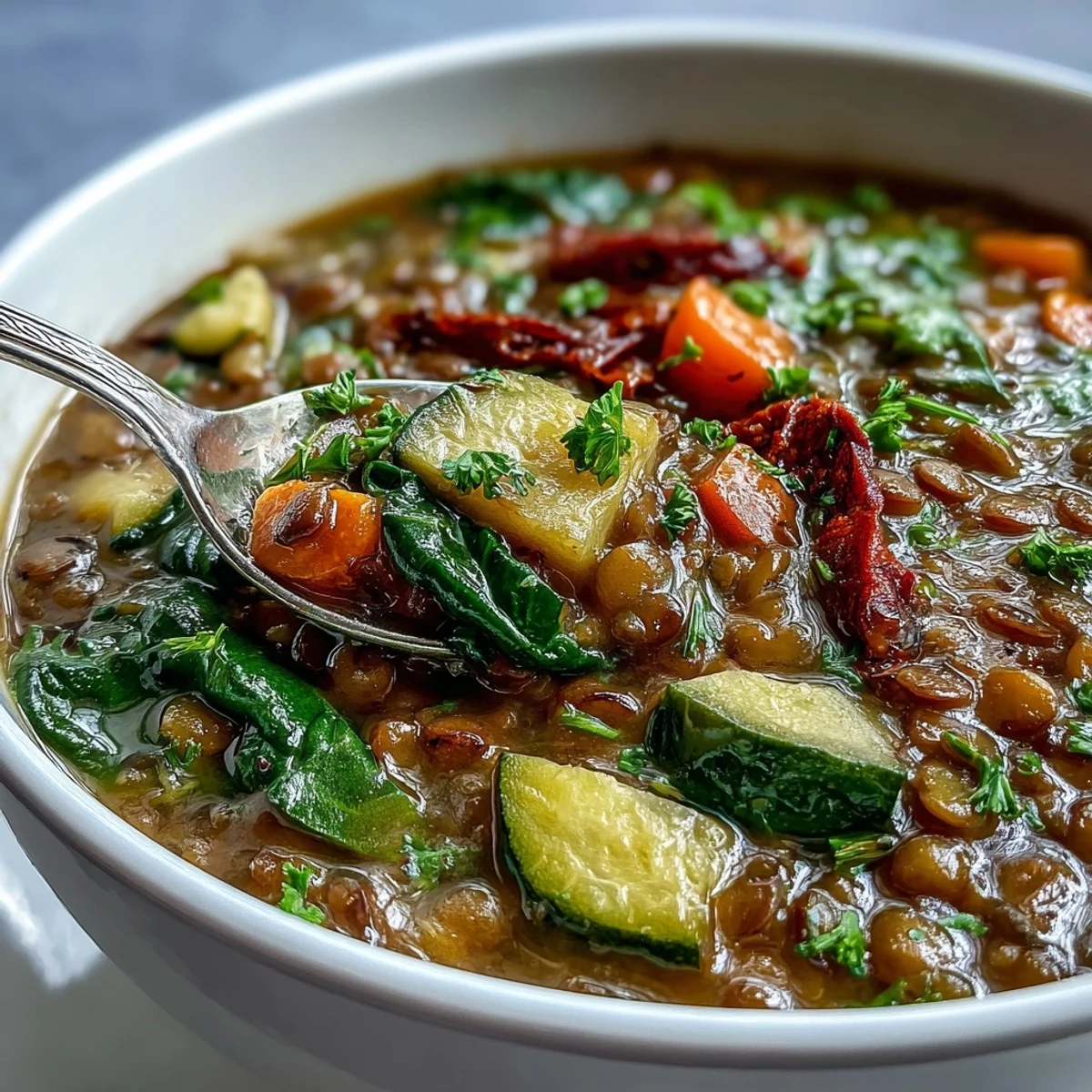 Steaming bowl of homemade lentil soup, garnished with fresh parsley and lemon wedges.