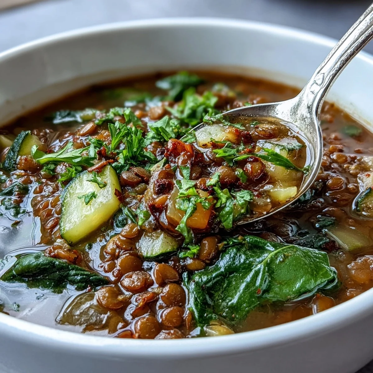 Spoon lifting a serving of savory lentil soup, showcasing tender lentils and vibrant vegetables.