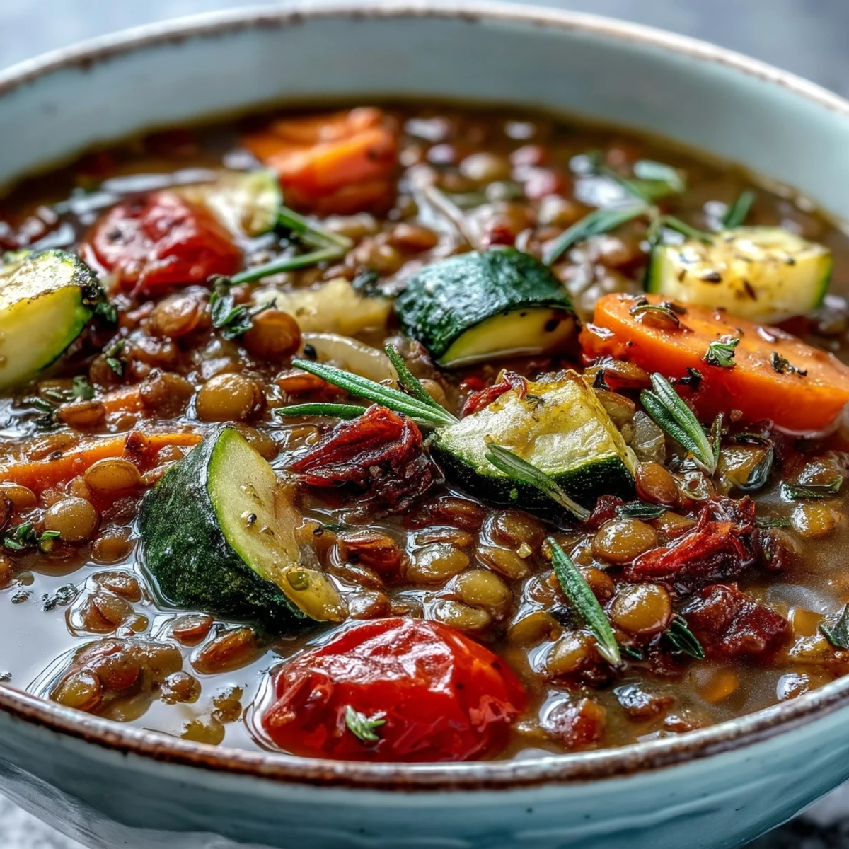 A steaming bowl of hearty Lentil and Vegetable Soup with tender lentils and roasted veggies, served with crusty bread.
