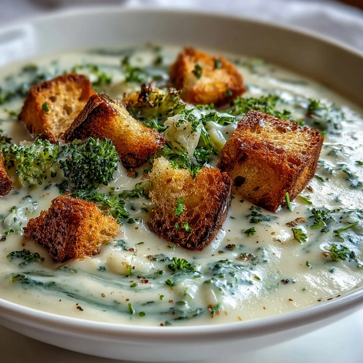 Creamy Cauliflower and Broccoli Soup ladle topped with golden croutons and parsley.