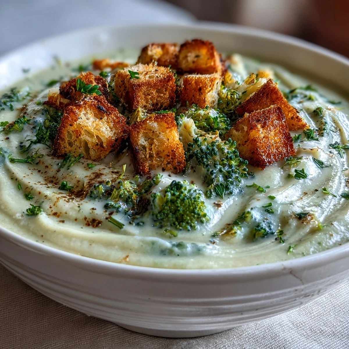 Cauliflower and Broccoli Soup in a rustic bowl, steaming with herbs and vegetables.
