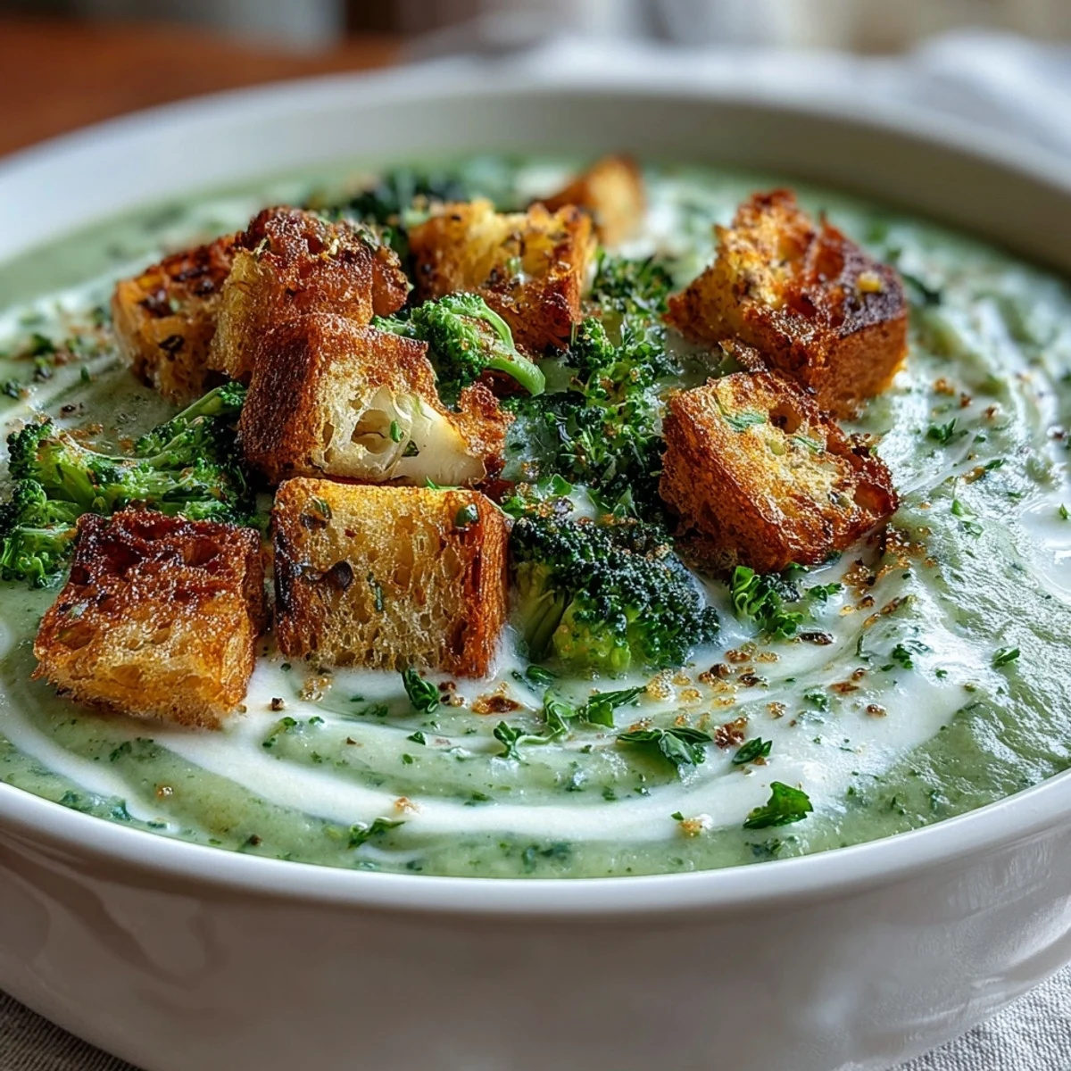 Warm Cauliflower and Broccoli Soup served with crunchy croutons on a cozy table.