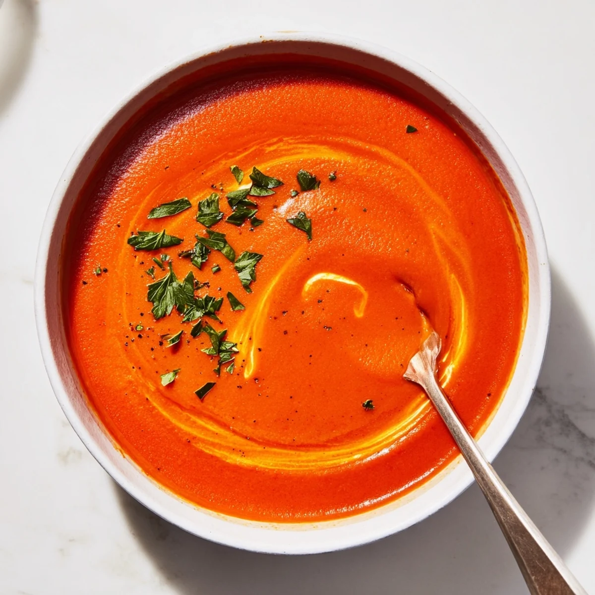 Silky roasted red pepper soup in a white bowl, garnished with a swirl of crème fraîche and fresh parsley.  