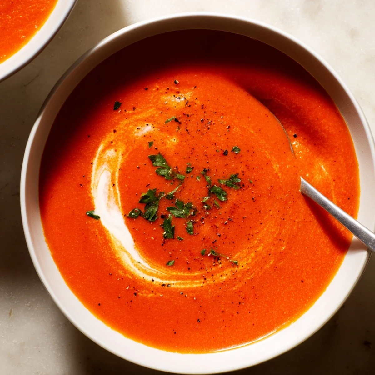 Roasted red pepper soup simmering in a pot, showing charred pepper skins and caramelized garlic for depth.  