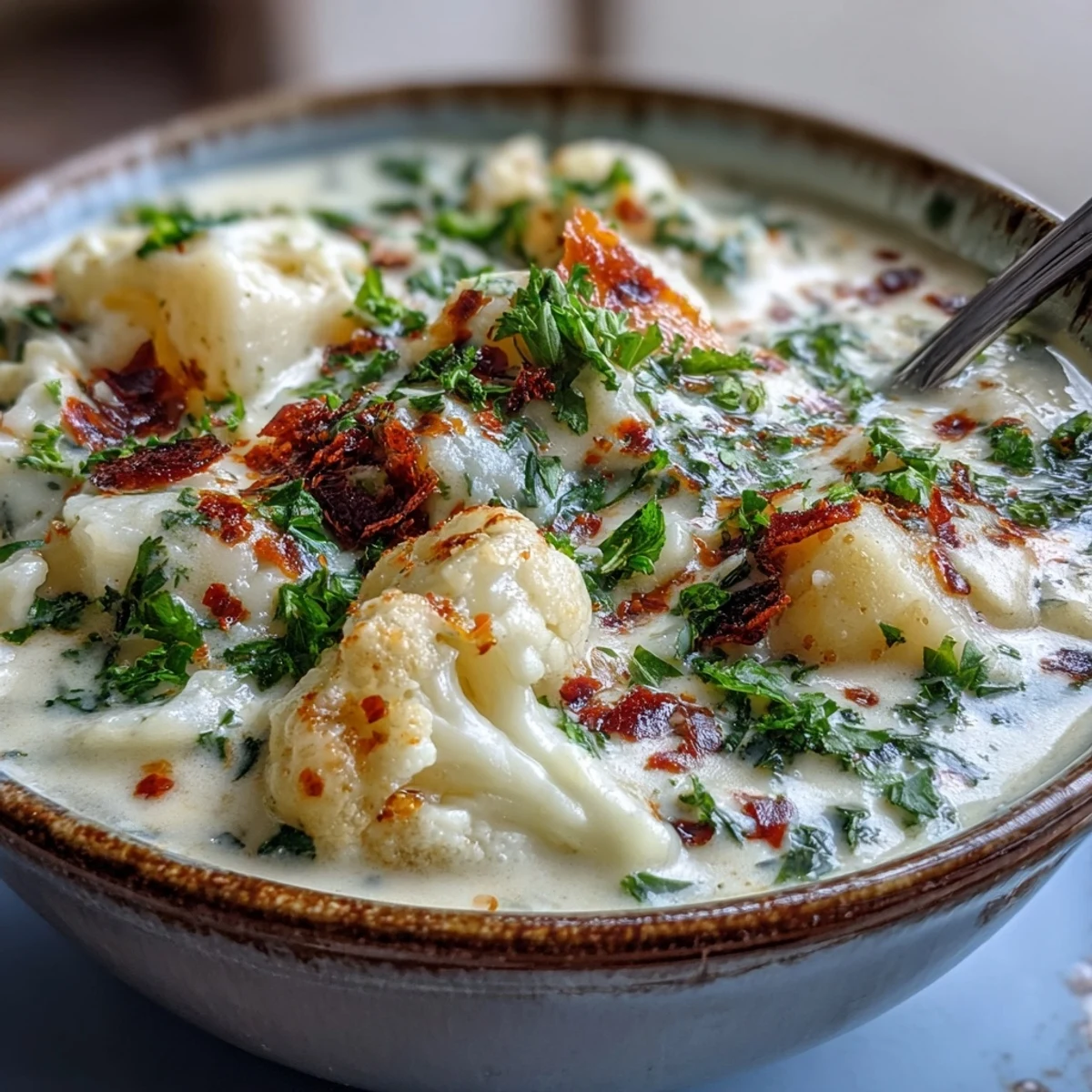 Creamy Vegetarian Cauliflower Chowder with melted cheddar, served hot in a rustic bowl.