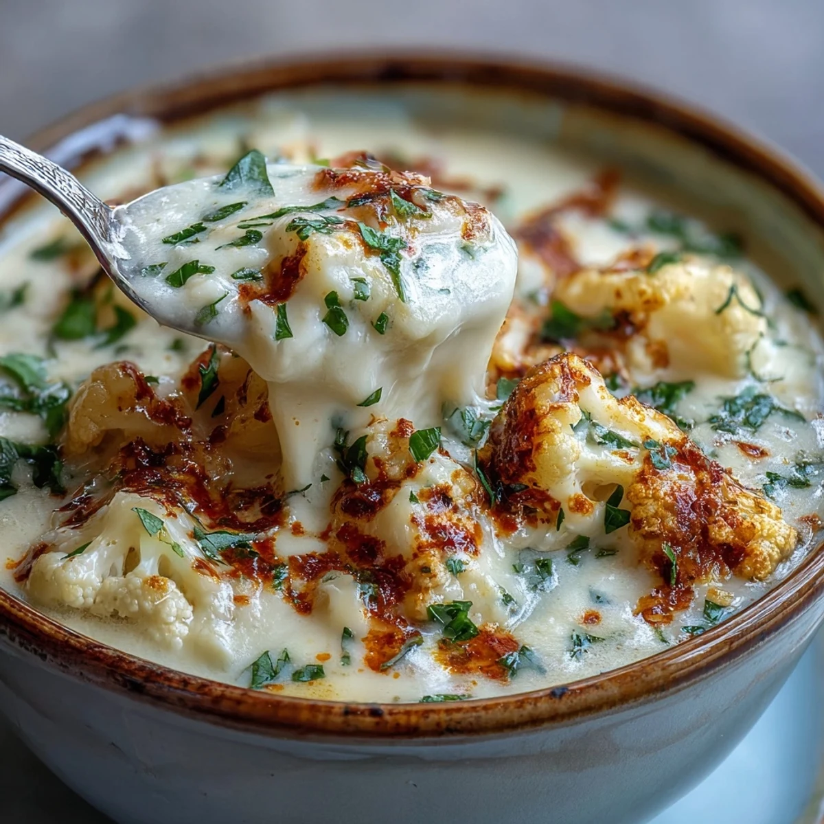Steamy bowl of Vegetarian Cauliflower Chowder, topped with extra cheese and red pepper flakes.