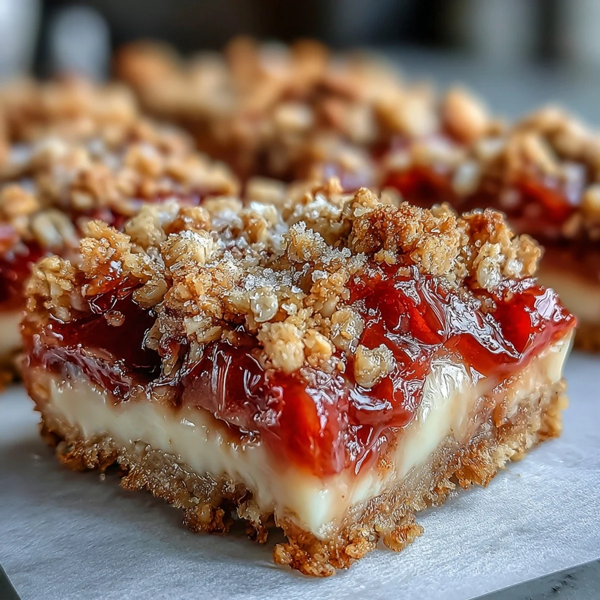 Freshly baked Rhubarb and Custard Crumble Bars cooling on a wire rack, featuring golden crumble topping over pink rhubarb filling.