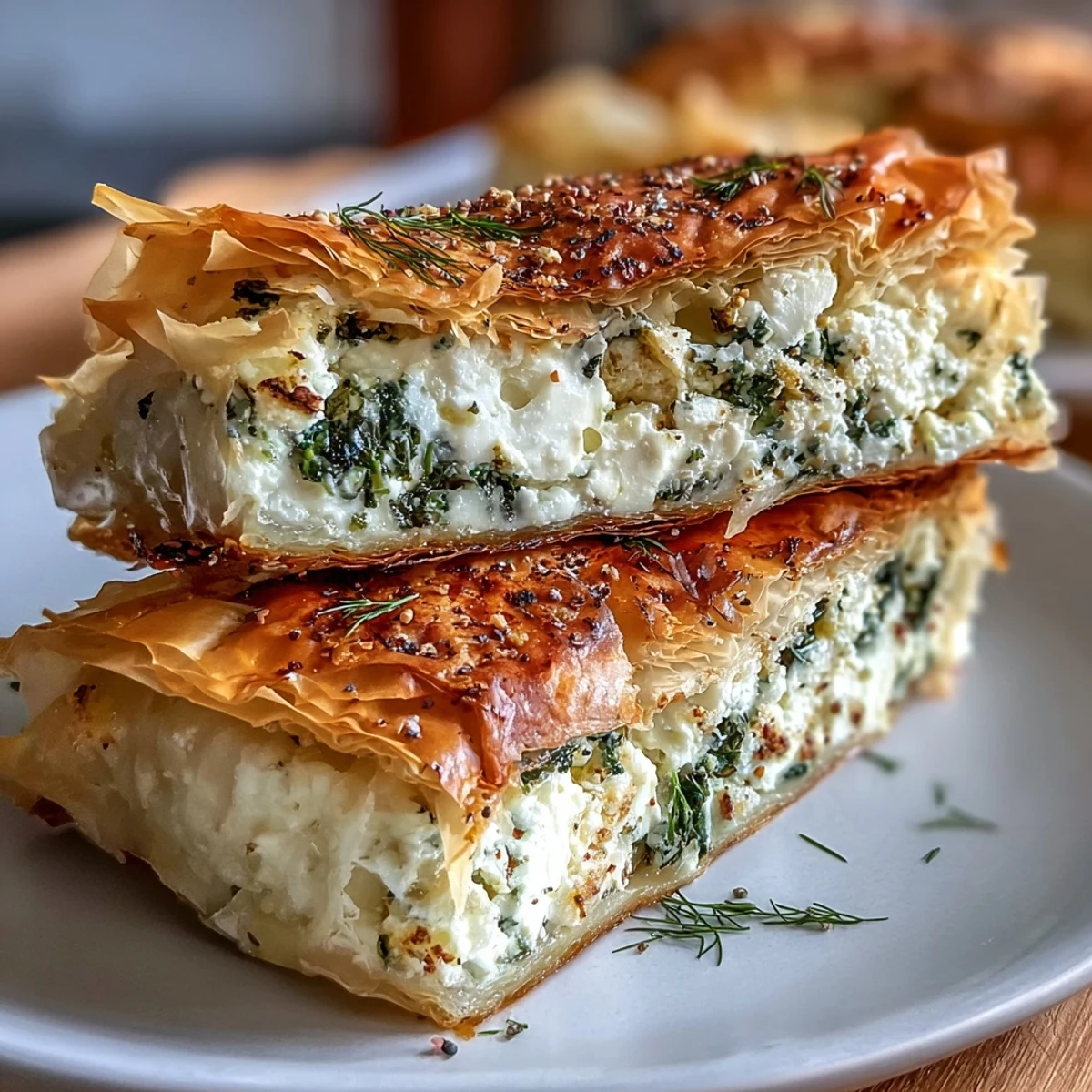 Golden-baked Feta and Kale Börek with flaky filo layers and a vibrant green filling.
