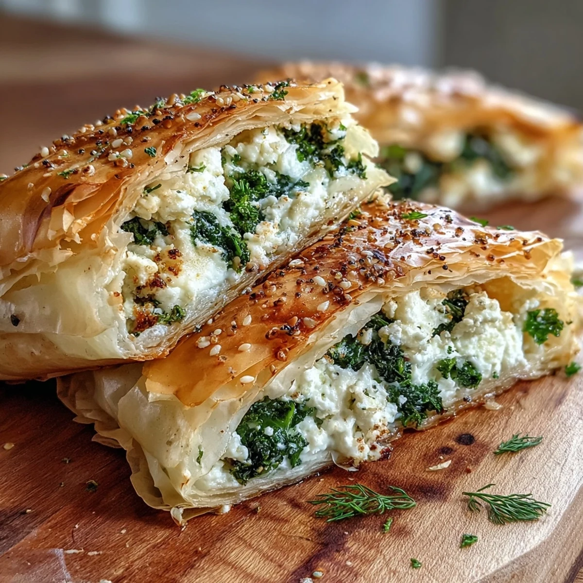 Freshly cooked Feta and Kale Börek with visible kale pieces and melted cheese.