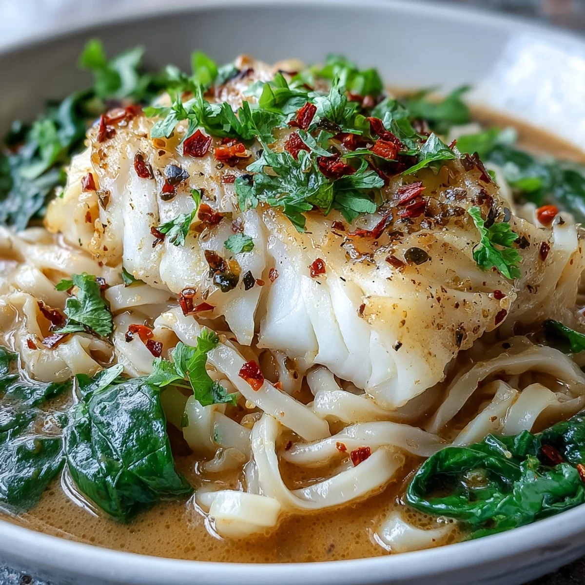 Silky udon noodles and tender poached cod in a fragrant coconut broth, topped with fresh cilantro and scallions.