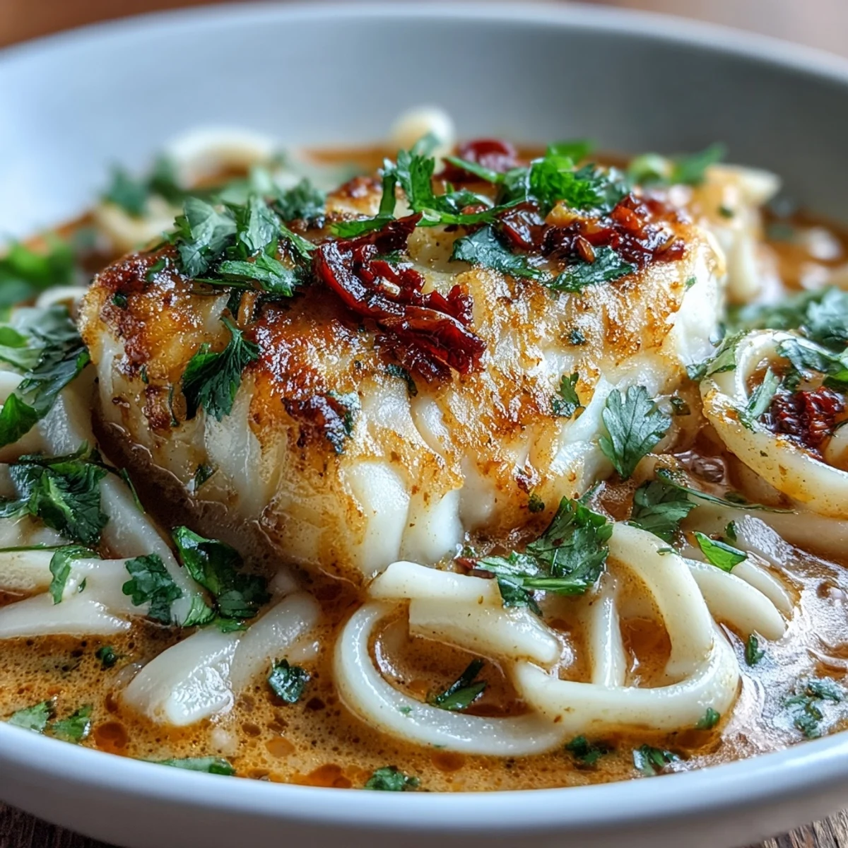 Steaming bowl of Poached Cod With Spiced Coconut Broth and Udon Noodles with julienned carrots and shiitake mushrooms.