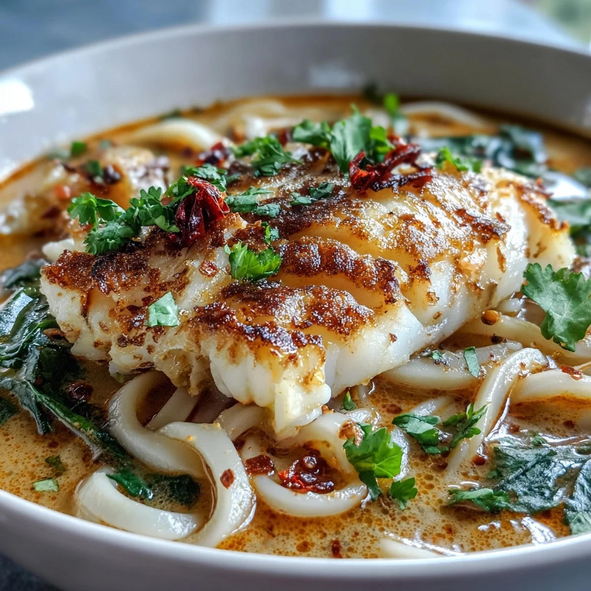 A close-up of Poached Cod With Spiced Coconut Broth and Udon Noodles, garnished with chili slices for heat.