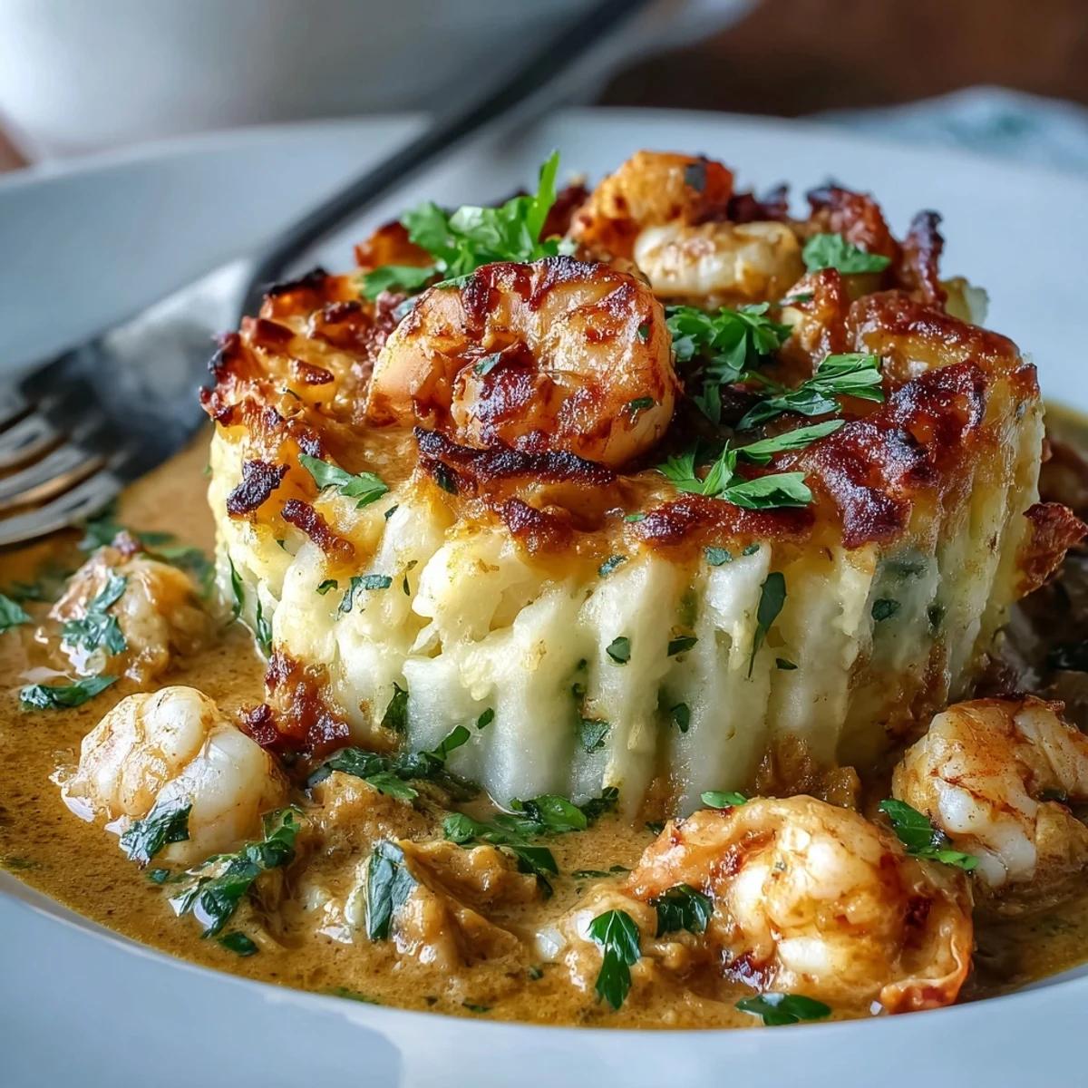 Golden, crispy mashed potato topping covers a creamy curried fish pie filled with cod, smoked fish, and sweet peas.