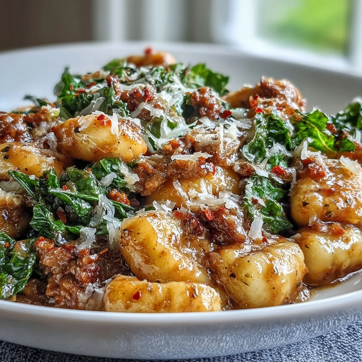 Plated Sausage Gnocchi with Kale, featuring golden dumplings and wilted greens in a rustic red sauce.