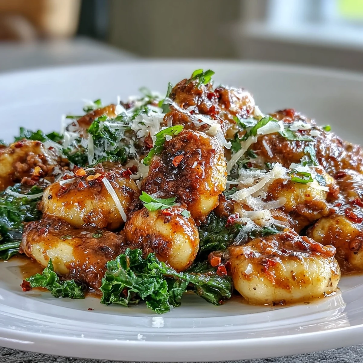 A hearty bowl of Sausage Gnocchi with Kale served with melted Parmesan and fresh basil garnish.